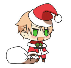 Rule 34 | 1boy, :d, alternate costume, blush, brown footwear, chibi, christmas, fate/grand order, fate (series), fur-trimmed jacket, fur trim, gift bag, green eyes, hat, highres, holding, holding sack, jacket, jekyll and hyde (fate), kkeiixxx, light brown hair, long sleeves, male focus, meme, no pupils, open mouth, padoru (meme), pants, red hat, red jacket, red pants, sack, santa costume, santa hat, smile, solo, white background
