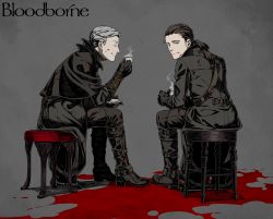 Rule 34 | 2boys, belt, black capelet, black coat, blood, blood on face, bloodborne, blue eyes, boots, brown belt, brown footwear, brown hair, brown pants, capelet, chair, coat, commentary request, copyright name, gloves, grey background, grey hair, highres, hunter (bloodborne), kamezaemon, knee boots, male focus, medium hair, multiple boys, pants, ponytail, short hair, sitting, weapon