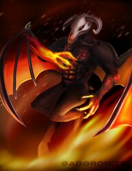 1boy abs absurdres animal_skull artist_name black_sclera black_skin colored_sclera colored_skin commentary cracked_skin curled_horns demon demon_boy demon_wings doom_(series) embers english_commentary fewer_digits fire flaming_hand full_body goat_horns goat_legs goat_tail grey_horns highres hooves horns legacy_of_rust lynn_friedmann male_focus orange_eyes orange_wings skull_head solo twitter_username vassago_(doom) wings