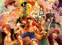 Rule 34 | 2girls, 6+boys, abs, afro, animal, ascot, bag, beard, bikini, black hair, blonde hair, blue hair, blue shirt, breasts, brook (one piece), captain kidd (world heroes), center opening, cigar, cigarette, cleavage, closed eyes, cloud, coat, collarbone, collared shirt, crown, donquixote doflamingo, earrings, edward newgate, epaulettes, eustass kid, eyewear on head, facial hair, feathers, fighting stance, fire, food, formal, franky (one piece), freckles, fur, fur trim, geiyajin, glasses, goggles, goggles on head, green hair, grin, guitar, hair over one eye, hair slicked back, hand up, happy, hat, highres, holding, horns, instrument, jacket, jacket on shoulders, jewelry, katana, kuzan (aokiji), large breasts, long hair, long nose, long sideburns, long sleeves, looking at viewer, marco (one piece), md5 mismatch, microphone, microphone stand, money, monkey d. luffy, multiple boys, multiple girls, muscular, mustache, nami (one piece), necktie, nico robin, nobu10, one-eyed, one eye closed, one piece, open clothes, open mouth, open shirt, orange hair, pants, portgas d. ace, red hair, red shirt, reindeer, resolution mismatch, roronoa zoro, sanji (one piece), sash, scar, scar across eye, scar on face, shanks (one piece), sheath, sheathed, shirt, short hair, short sleeves, shorts, sideburns, silvers rayleigh, skeleton, sky, smile, smoke, smoker (one piece), smoking, source smaller, straw hat, suit, sunglasses, suspenders, swimsuit, sword, tattoo, teeth, tony tony chopper, topless male, trafalgar law, usopp, very long hair, weapon, white hair, wink, wristband, yellow shirt