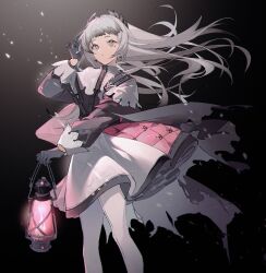 Rule 34 | 1girl, arknights, arm up, azure silan, black gloves, chinese commentary, closed mouth, commentary request, dark background, dress, expressionless, feet out of frame, floating clothes, floating hair, gloves, grey eyes, grey hair, hand in own hair, highres, holding, holding lantern, irene (arknights), lantern, light particles, long hair, long sleeves, pants, scar, scar across eye, scar on face, solo, standing, torn clothes, white dress, white pants