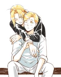 Rule 34 | 2boys, :&lt;, ahoge, alphonse elric, arms around neck, bent over, between legs, black shirt, blonde hair, brothers, closed mouth, edward elric, elbow on knee, feet out of frame, fingernails, fullmetal alchemist, hand between legs, hand on another&#039;s shoulder, hand up, heads together, holding another&#039;s wrist, hug, hug from behind, light blush, light smile, long sleeves, looking at another, looking back, looking down, looking to the side, male focus, multiple boys, one eye closed, pai (1111), pants, parted bangs, parted lips, shirt, siblings, simple background, sitting, sleeves rolled up, spread legs, sweatdrop, swept bangs, tareme, white background, white pants, white shirt, yellow eyes