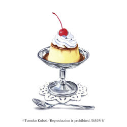 artist_name cherry food food_focus fruit kuboitomoko no_humans original pudding simple_background spoon still_life whipped_cream white_background