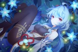 Rule 34 | ahoge, bare shoulders, bell, black legwear, blue flower, blue hair, blush, breasts, chinese knot, detached sleeves, fireflies, flower, flower knot, ganyu (genshin impact), genshin impact, glaze lily, gold trim, high heels, highres, horns, light smile, long hair, looking at viewer, low ponytail, lying, medium breasts, neck bell, night, on side, purple eyes, sidelocks, solo, thighlet, vision (genshin impact), white sleeves, yukuse