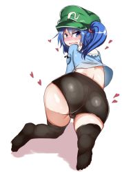 Rule 34 | 1girl, ass, back, bad id, bad twitter id, black thighhighs, blush, cameltoe, feet, hat, heart, highres, huge ass, kawashiro nitori, open mouth, plump, soles, solo, takimoto yukari, thighhighs, thighs, touhou, twintails, two side up, wavy mouth, white background