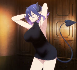 Rule 34 | 1girl, anime screenshot, armpits, arms behind head, arms up, bare shoulders, blue hair, breasts, closed eyes, demon girl, demon horns, demon tail, hair between eyes, highres, horns, interior, kinsou no vermeil, large breasts, lips, medium hair, meme attire, pointy ears, screencap, sidelocks, sleeveless, smile, standing, stitched, tail, thighs, third-party edit, vermeil (kinsou no vermeil), virgin killer sweater