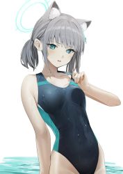 Rule 34 | 1girl, animal ear fluff, animal ears, black one-piece swimsuit, blue archive, blue eyes, competition swimsuit, cross, cross hair ornament, extra ears, grey hair, hair ornament, halo, highleg, highleg swimsuit, highres, hiiragi mikoto, inverted cross, looking at viewer, low ponytail, mismatched pupils, multicolored clothes, multicolored swimsuit, official alternate costume, one-piece swimsuit, ponytail, shiroko (blue archive), shiroko (swimsuit) (blue archive), smile, solo, swimsuit, two-tone swimsuit