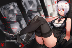 Rule 34 | 1girl, bare shoulders, breasts, gloves, light smile, pixiv fantasia, pixiv fantasia t, red eyes, short hair, silver hair, solo, thighhighs, xiaoshou xiansheng