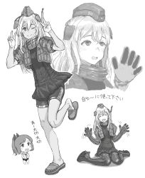 Rule 34 | 10s, 2girls, bodysuit, chibi, closed eyes, collar, commentary request, cosplay, crocs, detached sleeves, diving suit, double v, female focus, full body, garrison cap, gloves, greyscale, gufu (guffuumu), hair between eyes, hair ornament, hands up, hat, highres, i-401 (kancolle), jacket, kantai collection, long hair, monochrome, multiple girls, one eye closed, open mouth, own hands together, ponytail, ro-500 (kancolle), sailor collar, sailor shirt, school swimsuit, shirt, short sleeves, sitting, sketch, smile, swimsuit, swimsuit under clothes, thighhighs, translation request, u-511 (kancolle), u-511 (kancolle) (cosplay), v, wariza, wetsuit, white background