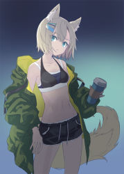 Rule 34 | 1girl, animal ear fluff, animal ears, bare shoulders, black shorts, blue background, blue eyes, breasts, brown hair, coat, collarbone, commentary, cowboy shot, cup, disposable cup, english commentary, fox ears, fox tail, gradient background, green coat, h2so4, hair ornament, hairclip, highres, holding, holding cup, long sleeves, navel, open clothes, open coat, original, panties, panty peek, parted lips, short hair, shorts, small breasts, solo, sports bra, stomach, tail, underwear, white panties