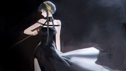 Rule 34 | 1girl, artificial flower, black dress, black hair, breasts, closed mouth, cowboy shot, dagger, dark background, devil lo, dress, earrings, female focus, flower, glint, hair flower, hair ornament, hairband, highres, holding, holding weapon, jewelry, knife, light particles, long hair, looking away, looking to the side, medium breasts, pelvic curtain, profile, red eyes, short hair with long locks, sidelocks, simple background, sleeveless, sleeveless dress, solo, spy x family, weapon, yellow hairband, yor briar