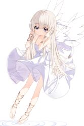 Rule 34 | 1girl, :t, bare shoulders, bow, brown hair, closed mouth, dress, feathered wings, full body, grey eyes, hair between eyes, hair bow, hands up, healer girl (yuuhagi (amaretto-no-natsu)), long hair, looking at viewer, no shoes, original, pout, ripples, simple background, sleeveless, sleeveless dress, solo, very long hair, white background, white bow, white dress, white wings, wings, yuuhagi (amaretto-no-natsu)