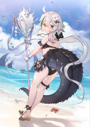 Rule 34 | 1girl, :o, ahoge, arknights, beach, bikini, black bikini, black bow, black ribbon, black skirt, blue sky, blush, bow, brown eyes, brown footwear, cloud, commentary request, crab, crocodilian tail, day, flower, from behind, full body, hair between eyes, hair bow, hair flower, hair ornament, highres, holding, holding staff, leg ribbon, long hair, looking at viewer, looking back, ocean, official alternate costume, outdoors, pleated skirt, pointy ears, revision, ribbon, sandals, silver hair, skirt, sky, solo, staff, standing, swimsuit, tail, thigh ribbon, tomimi (arknights), uneg, very long hair, white flower, wristband