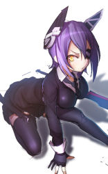 Rule 34 | 10s, 1girl, all fours, eyepatch, gloves, headgear, highres, kantai collection, on one knee, personification, purple hair, shiba nanasei, short hair, solo, sweater, sweatr, tenryuu (kancolle), thighhighs, yellow eyes