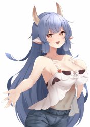 Rule 34 | 1girl, :d, animal ears, babydoll, bare arms, bare shoulders, blue hair, blush, breasts, catura (granblue fantasy), cleavage, collarbone, cow ears, cow girl, cow horns, cowboy shot, granblue fantasy, grey pants, hand on own chest, highres, horns, large breasts, long hair, looking at viewer, miya star saa, navel, open mouth, orange eyes, outstretched arm, pants, simple background, sleeveless, smile, solo, very long hair, white background
