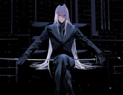 Rule 34 | 1boy, armchair, black gloves, black jacket, black necktie, black pants, black shirt, black suit, blazer, brick wall, chair, closed mouth, cofffee, collared shirt, crossed legs, feet out of frame, final fantasy, final fantasy vii, final fantasy vii remake, formal, gloves, jacket, long hair, long sleeves, looking at viewer, masamune (ff7), necktie, pants, pinstripe pattern, sephiroth, shirt, silver hair, sitting, solo, square enix, striped clothes, striped jacket, striped pants, suit, sword, unsheathed, vertical-striped clothes, vertical-striped jacket, vertical-striped pants, very long hair, weapon, wing collar