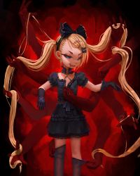 Rule 34 | 1girl, black bow, black dress, black gloves, black hairband, blonde hair, blood, blood from mouth, blue eyes, bow, breasts, child, commission, copyright request, dress, feet out of frame, fiz-rot, frilled dress, frills, gloves, hair bow, hairband, highres, long hair, looking at viewer, puffy short sleeves, puffy sleeves, red background, sharp teeth, short sleeves, small breasts, smile, teeth, thighhighs, undressing, very long hair