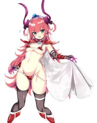 Rule 34 | 1girl, :d, armor, bikini armor, black gloves, black thighhighs, blue eyes, blush, breasts, cape, earrings, elbow gloves, elizabeth bathory (brave) (fate), elizabeth bathory (fate), fang, fate/grand order, fate (series), gauntlets, gloves, groin, hanasaka houcha, highres, horns, jewelry, long hair, looking at viewer, medium breasts, navel, open mouth, pauldrons, pink hair, shoulder armor, simple background, smile, solo, standing, sweat, thighhighs, tiara, underboob, white background