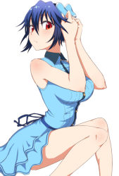 Rule 34 | 10s, 1girl, adjusting hair ornament, bad id, bad pixiv id, bare shoulders, blue dress, blue hair, blush, bow, breasts, casual, collared dress, dress, hair bow, large breasts, looking at viewer, mole, mole under eye, nisekoi, red eyes, ryuinu, short hair, simple background, sitting, sleeveless, sleeveless dress, solo, tsugumi seishirou, white background