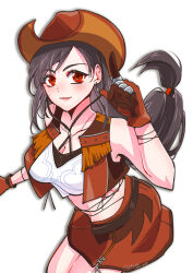 Rule 34 | 1girl, bare shoulders, black hair, blush, breasts, brown gloves, brown hat, brown skirt, brown vest, collarbone, commentary, cowboy hat, cowboy shot, crisis core final fantasy vii, crop top, earrings, final fantasy, final fantasy vii, final fantasy vii ever crisis, final fantasy vii rebirth, final fantasy vii remake, floating hair, gloves, hat, highres, index finger raised, jewelry, large breasts, long hair, looking at viewer, low-tied long hair, midriff, miniskirt, navel, official alternate costume, red eyes, shikiwo, single earring, skirt, solo, tank top, tifa lockhart, tifa lockhart (cowgirl), very long hair, vest, white background, white tank top