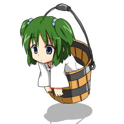 Rule 34 | 1girl, :o, blue eyes, bucket, female focus, floating, green hair, hair bobbles, hair ornament, in bucket, in container, kisume, lowres, morino harifu, short hair, simple background, solo, touhou, twintails