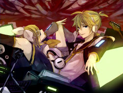 Rule 34 | 1boy, 1girl, blonde hair, blue eyes, brother and sister, guitar, hair ornament, hair ribbon, hairclip, headphones, instrument, kagamine len, kagamine rin, microphone stand, necktie, ribbon, short hair, shorts, siblings, smile, suzumi (fallxalice), twins, twintails, vocaloid