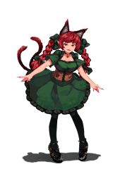 Rule 34 | 1girl, animal ear fluff, animal ears, bell, black pantyhose, bow, braid, breasts, cat ears, cat tail, cleavage, dress, fangs, fingernails, full body, green dress, hair bow, highres, hyoutan tan, jingle bell, kaenbyou rin, long hair, looking at viewer, multiple tails, nail polish, neck bell, open mouth, pantyhose, pigeon-toed, puffy sleeves, red eyes, red hair, red nails, shadow, sharp fingernails, simple background, skin fangs, smile, solo, standing, tail, touhou, twin braids, two tails, white background