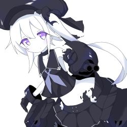 Rule 34 | 1girl, :o, abyssal ship, black gloves, black hat, black sailor collar, black serafuku, black shirt, black skirt, cannon, colored skin, commentary request, crop top, destroyer princess, dutch angle, gloves, hair between eyes, hat, highres, ichi (ichi.colors), kantai collection, long hair, looking at viewer, midriff, parted lips, pleated skirt, purple eyes, sailor collar, school uniform, serafuku, shirt, side ponytail, simple background, skirt, sleeveless, sleeveless shirt, solo, turret, very long hair, white background, white hair, white skin