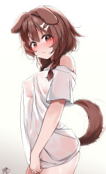 Rule 34 | 1girl, absurdres, animal ears, bare shoulders, blush, bone hair ornament, bottomless, braid, breasts, brown hair, closed mouth, collar, covered erect nipples, cowboy shot, dog ears, dog girl, dog tail, hair between eyes, hair ornament, hair over shoulder, highres, hololive, inugami korone, kana616, looking at viewer, medium breasts, red eyes, see-through, see-through shirt, shirt, short sleeves, signature, simple background, solo, tail, tail raised, tail wagging, virtual youtuber, white background, white shirt
