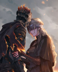 Rule 34 | 1boy, 1girl, armor, blindfold, blonde hair, breasts, burnt clothes, cape, capelet, cloak, commentary request, covered eyes, dark souls (series), dark souls iii, dress, embers, fire keeper, grey background, helm, helmet, highres, jewelry, jiro (ninetysix), long hair, parted lips, soul of cinder, torn cape, torn clothes, upper body