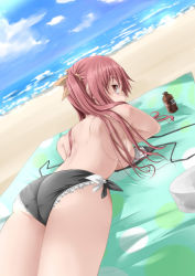 Rule 34 | 1girl, ass, back, beach, bikini, unworn bikini top, blush, bottle, breasts, cowboy shot, day, dutch angle, frilled bikini, frills, from behind, hair ribbon, highres, horizon, inu (mezonsidepark), large breasts, long hair, looking at viewer, looking back, lying, ocean, on stomach, original, outdoors, red eyes, red hair, ribbon, side-tie bikini bottom, sideboob, sky, solo, sunbathing, swimsuit, twintails, untied, water