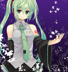 Rule 34 | 1girl, bad id, bad pixiv id, bug, butterfly, detached sleeves, green eyes, green hair, hatsune miku, headphones, headset, insect, long hair, maguro (gulen-x), matching hair/eyes, necktie, skirt, smile, solo, tsukiriran, twintails, vocaloid