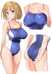 Rule 34 | 1girl, ass, blue one-piece swimsuit, blush, breasts, brown hair, collarbone, commentary request, competition swimsuit, covered navel, highres, kushida kikyou, large breasts, looking to the side, one-piece swimsuit, pink eyes, short hair, simple background, solo, swimsuit, thighs, two-tone swimsuit, wet, white background, white one-piece swimsuit, youkoso jitsuryoku shijou shugi no kyoushitsu e, yuuzuki (re&#039;ef)