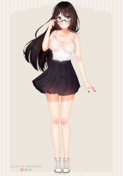 Rule 34 | 1girl, artist name, bare shoulders, black nails, black skirt, blue eyes, blush, breasts, brown hair, collarbone, commentary, commission, deviantart logo, full body, glasses, highres, instagram logo, large breasts, long hair, looking at viewer, nail polish, original, pleated skirt, puppypaww, shirt, shoes, sketch, skirt, solo, twitter logo, white footwear, white shirt