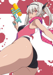 Rule 34 | 1girl, ahoge, ass, black hairband, blush, breasts, competition swimsuit, fang, from side, hair between eyes, hair ornament, hairband, highleg, highleg swimsuit, highres, holding, holding water gun, looking at viewer, looking to the side, matsukai mao, nakamura yukitoshi, nijisanji, one-piece swimsuit, open mouth, purple background, purple eyes, purple scarf, scarf, silver hair, small breasts, solo, swimsuit, tan, twintails, two-tone background, virtual youtuber, water gun, white background