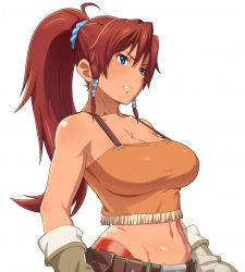 Rule 34 | 10s, 1girl, bellows (suisei no gargantia), belt, blue eyes, breasts, brown hair, cleavage, clenched teeth, gloves, hair ornament, large breasts, long hair, midriff, navel, ponytail, scrunchie, simple background, solo, suisei no gargantia, teeth, tenchisouha, white background
