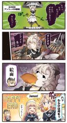 Rule 34 | 3girls, 4koma, anzio princess, black neckwear, blonde hair, blue eyes, blue sailor collar, blush, breasts, closed eyes, colored skin, comic, commentary request, dress, eating, fish (food), fish and chips, food, food in mouth, gloves, hair between eyes, hand on own chin, hat, headgear, highres, ido (teketeke), janus (kancolle), jervis (kancolle), kantai collection, long hair, long sleeves, looking at viewer, mary janes, multiple girls, nelson (kancolle), open mouth, pantyhose, rigging, sailor collar, sailor dress, sailor hat, sazae-san, shaded face, shoes, short sleeves, simple background, speech bubble, steel ball, stroking own chin, tears, torpedo launcher, torpedo tubes, translated, white dress, white gloves, white headwear, white skin