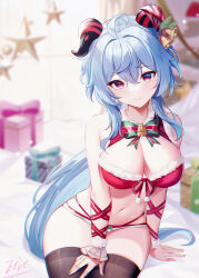 Rule 34 | 1girl, ahoge, alternate costume, bare shoulders, bell, black thighhighs, blue hair, box, breasts, commentary, eric (tianqijiang), ganyu (genshin impact), genshin impact, gift, goat horns, highres, horns, large breasts, long hair, looking at viewer, navel, purple eyes, signature, solo, stomach, thighhighs, thighs