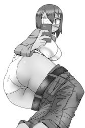 Rule 34 | 1girl, ass, breasts, camera, cellphone, censored, clothes pull, curvy, dark-skinned female, dark skin, eyepatch, female focus, gigi-chan, highres, huge ass, large breasts, monochrome, panties, pants, pants pull, phone, plump, selfie, shiri ana hiroge tarou, short hair, simple background, solo, thick thighs, thighs, underwear, white background, white panties, wide hips