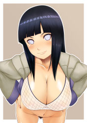 Rule 34 | 1girl, black hair, blunt bangs, blush, bottomless, breasts, cleavage, cowboy shot, crop top, female focus, female pubic hair, fishnet top, fishnets, hands on own hips, highres, hyuuga hinata, jacket, large breasts, leaning forward, long hair, looking at viewer, naruto: road to ninja, naruto (series), naruto shippuuden, navel, nipples, no panties, outside border, pubic hair, purple eyes, purple hair, sidelocks, simple background, smile, smirk, solo, standing, tomatto (@ma!), white eyes