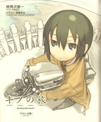 Rule 34 | 00s, 1girl, absurdres, androgynous, coat, from above, full body, hair between eyes, hermes (kino no tabi), highres, kino (kino no tabi), kino no tabi, kuroboshi kouhaku, looking at viewer, motor vehicle, motorcycle, reverse trap, scan, short hair, solo, standing, tomboy, vehicle