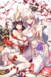 Rule 34 | 2girls, bare shoulders, black hair, blonde hair, blush, breast press, breasts, brown eyes, cherry blossoms, chinese commentary, cleavage, closed mouth, commentary request, copyright request, dress, floral print, flower, garter straps, green eyes, hair between eyes, hair ornament, high heels, highres, jewelry, kneeling, lace, lace-trimmed legwear, lace-trimmed panties, lace trim, large breasts, looking at viewer, multiple girls, necklace, off shoulder, outdoors, outstretched arm, panties, pelvic curtain, petals, print dress, purple flower, ribbon-trimmed legwear, ribbon trim, ring, shawl, sitting, thighhighs, tree, underwear, veil, wedding band, white dress, white footwear, white legwear, white panties, yokozuwari, zomzomzomsauce