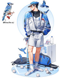 1boy absurdres bag baseball_bat big_league_chew bird black_hair blue_hair blue_jay bottle box cardboard_box charm_(object) commentary duffel_bag english_commentary english_text gloves hand_in_pocket highres holding holding_baseball_bat jacket logo mark_under_eye multicolored_hair original partially_unzipped personification reference_inset rinotuna shoes short_hair shorts smile sneakers socks sportswear striped_clothes striped_shorts two-tone_hair vertical-striped_clothes vertical-striped_shorts visor_cap water_bottle white_gloves white_sneakers