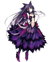 Rule 34 | 10s, 1girl, boots, bow, breasts, dark persona, date a live, dress, elbow gloves, expressionless, gloves, hair ornament, long hair, medium breasts, midriff, multicolored eyes, navel, non-web source, official art, purple eyes, purple hair, see-through, sidelocks, solo, thighhighs, transparent background, tsunako, very long hair, white background, yatogami tooka, yatogami tooka (true form)
