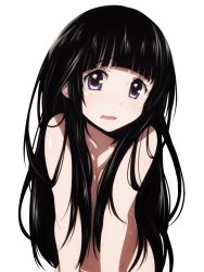 Rule 34 | 10s, 1girl, black hair, blunt bangs, blush, breasts, chitanda eru, cleavage, completely nude, hyouka, long hair, navel, nude, purple eyes, simple background, solo, sweat, tanashi (mk2), very long hair, wavy mouth, white background