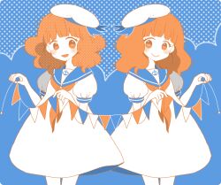 Rule 34 | 1girl, anchor print, blue background, blush, brown hair, dress, eyelashes, hat, heart, heart-shaped pupils, multiple persona, open mouth, pop&#039;n music, rie-chan, ritard, sailor, sailor hat, short sleeves, smile, solo, string of flags, symbol-shaped pupils, white dress