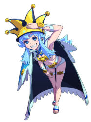 Rule 34 | 1girl, adapted costume, arc system works, armpits, barefoot, belt, belt bra, blue eyes, blue hair, blush stickers, cape, clenched teeth, cloak, cosplay, full body, grin, guilty gear, guilty gear xrd, han megumi, hand on headwear, happinesscharge precure!, hat, heart, highres, jester cap, leaning forward, long hair, looking at viewer, matching hair/eyes, navel, precure, ramlethal valentine, ramlethal valentine (cosplay), shirayuki hime, short shorts, shorts, simple background, smile, solo, teeth, thigh strap, uganda (ugandam 00), voice actor connection, white background