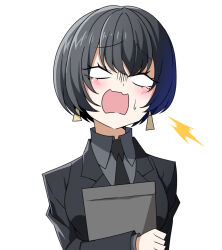 Rule 34 | :o, allmind (armored core 6), armored-core, armored core, armored core 6, aru (blue archive), black hair, blank eyes, bob cut, crossover, highres, necktie, office lady, personification, short hair, sweatdrop