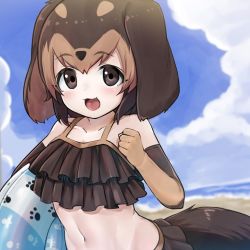 Rule 34 | 1girl, :3, adapted costume, animal ears, animal print, bare shoulders, beach, bikini, blush, brown bikini, brown eyes, brown hair, collarbone, commentary request, dachshund (kemono friends) (nyifu), day, dog ears, dog print, dog tail, elbow gloves, fang, frilled bikini, frills, gloves, innertube, kemono friends, light brown hair, multicolored hair, navel, nyifu, ocean, open mouth, original, paw print, print gloves, short hair, sleeveless, solo, swim ring, swimsuit, tail