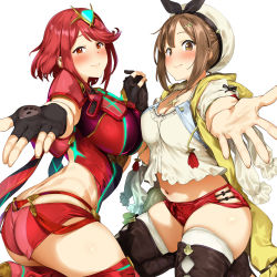 Rule 34 | 2girls, armor, ass, atelier (series), atelier ryza, atelier ryza 1, belt, blue belt, boots, breasts, bridal legwear, brown belt, brown gloves, clothing cutout, commentary request, crossover, earrings, fingerless gloves, flask, gem, gloves, hair ornament, hairclip, headpiece, highres, interlocked fingers, jacket, jewelry, large breasts, leather, leather belt, leather gloves, micro shorts, multiple girls, necklace, nintendo, pija (pianiishimo), pyra (xenoblade), red eyes, red hair, red shorts, reisalin stout, round-bottom flask, short hair, short shorts, shorts, shoulder armor, shoulder cutout, single glove, sleeveless, sleeveless jacket, star (symbol), star necklace, swept bangs, thighs, tiara, toeless footwear, vial, white headwear, xenoblade chronicles (series), xenoblade chronicles 2, yellow jacket
